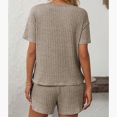 Women's Classic Ribbed V-Neck Short Sleeve Shorts Set Casual Drawstring Loose Loungewear Set