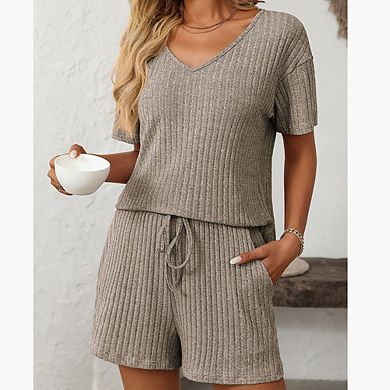 Women's Classic Ribbed V-Neck Short Sleeve Shorts Set Casual Drawstring Loose Loungewear Set