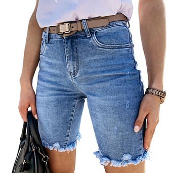 Women's Summer Fashion Distressed 5-Pocket Denim Shorts Frayed Tassel Slim Fit Retro Skinny Shorts