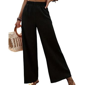 Women's Casual Crinkled Pants Elastic Waist Wide-Leg Minimalist Versatile Straight-Leg Trousers