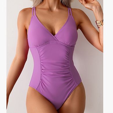 Ladies' One-Piece Ruched Tummy Control Swimsuit with Simple Slimming Strap Design for Beach Parties