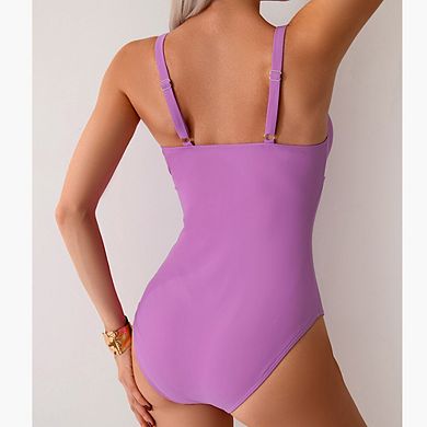 Ladies' One-Piece Ruched Tummy Control Swimsuit with Simple Slimming Strap Design for Beach Parties