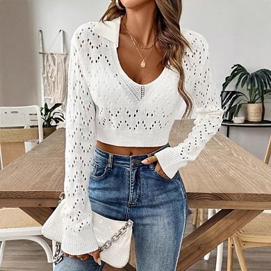 Women's Cropped Polo Neck Hollow-Out Crop Sweater Minimalist Versatile Pullover Top