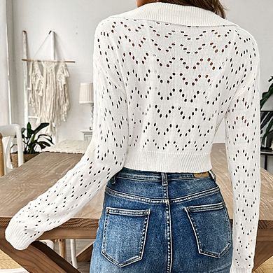 Women's Cropped Polo Neck Hollow-Out Crop Sweater Minimalist Versatile Pullover Top