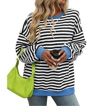 Women's Fashion Color Striped Long Sleeve Top Classic Crew Neck Casual Loose Pullover Sweatshirt