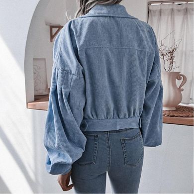 Women's Corduroy Lantern Sleeve Short Jacket Classic Versatile Casual Fashion Outerwear