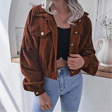 Women's Corduroy Lantern Sleeve Short Jacket Classic Versatile Casual Fashion Outerwear
