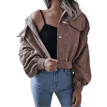 Women's Corduroy Lantern Sleeve Short Jacket Classic Versatile Casual Fashion Outerwear