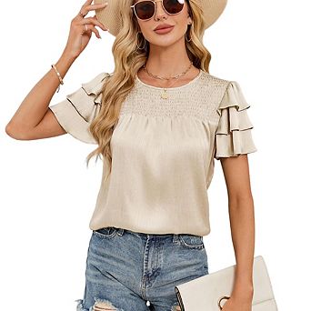 Women Summer Luxury Satin Short Sleeve Top Fashion Ruffled Tiered Classic Crew Neck Pullover Blouse