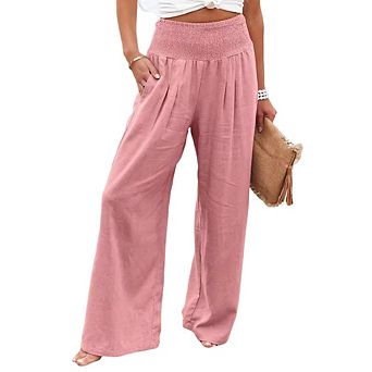 Women's Casual Linen-Cotton Pants Loose Straight-Leg Mid-Rise Elastic Waist Versatile Trousers