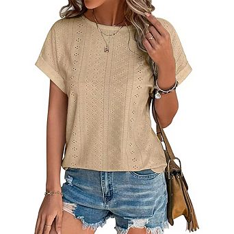Women's Casual Crew Neck Loose Short Sleeve Minimalist Hollow-Out Versatile Daily T-Shirt