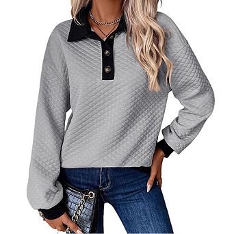 Women Fashion Color Block Button Collar Pullover Hoodie Loose Minimalist Casual Versatile Daily Top