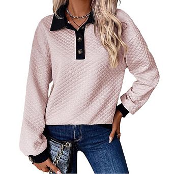 Women Fashion Color Block Button Collar Pullover Hoodie Loose Minimalist Casual Versatile Daily Top