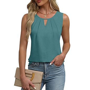 Women's Summer Classic Crew Neck Sleeveless Tank Top Hollow-Out Ruched Casual Versatile T-Shirt