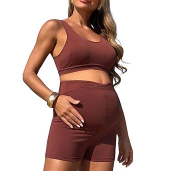 Maternity Two-Piece Swimsuit Tank Top High-Waisted Belly Support Sports Swimwear Set for Vacation