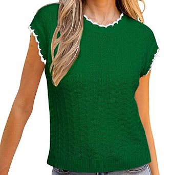 Women's Crew Neck Contrast Trim Short Sleeve Knit Sweater Casual Loose Knit Top Daily Versatile Top