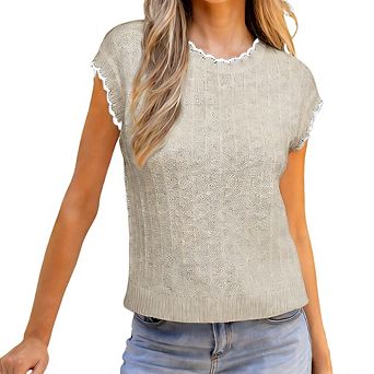 Women's Crew Neck Contrast Trim Short Sleeve Knit Sweater Casual Loose Knit Top Daily Versatile Top