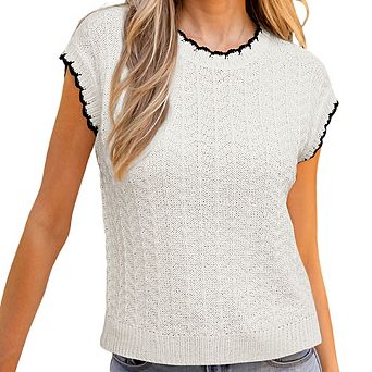 Women's Crew Neck Contrast Trim Short Sleeve Knit Sweater Casual Loose Knit Top Daily Versatile Top