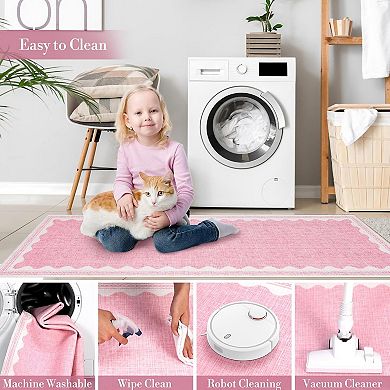 Bordered Wave Print Entryway Rugs,Low Pile Stain-Resistant,Washable,Non Slip