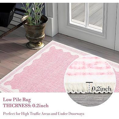 Bordered Wave Print Entryway Rugs,Low Pile Stain-Resistant,Washable,Non Slip