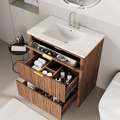 ANIXOL Fluted Bathroom Vanity with Ceramic Sink and Three-Drawer Storage