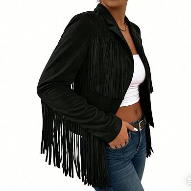 Women's Cropped Fringe Faux Suede Jacket Western Style Lapel Open Front Coat