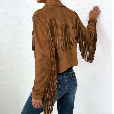 Women's Cropped Fringe Faux Suede Jacket Western Style Lapel Open Front Coat