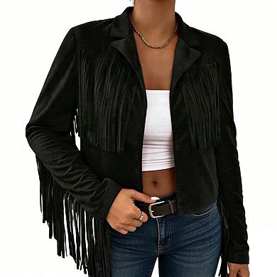 Women's Cropped Fringe Faux Suede Jacket Western Style Lapel Open Front Coat