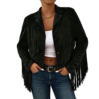 Women's Cropped Fringe Faux Suede Jacket Western Style Lapel Open Front Coat