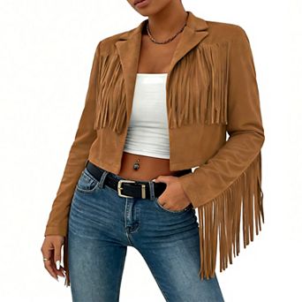 Women's Cropped Fringe Faux Suede Jacket Western Style Lapel Open Front Coat