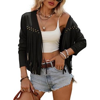 Women's Fringe Open Front Jacket Long Sleeve Studded Trim Western Style Cropped Cardigan