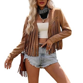 Women's Fringe Open Front Jacket Long Sleeve Studded Trim Western Style Cropped Cardigan