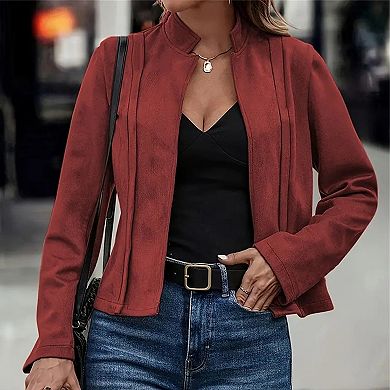 Women's Faux Suede Cropped Jacket Stand Collar Open Front Long Sleeve Casual Coat