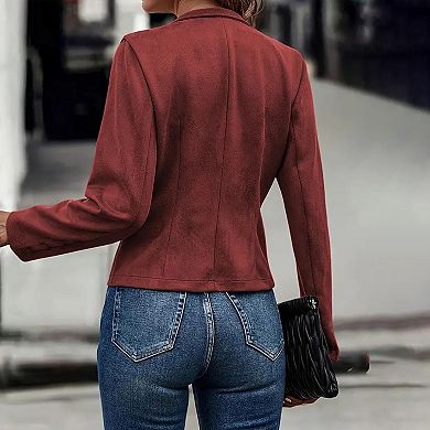 Women's Faux Suede Cropped Jacket Stand Collar Open Front Long Sleeve Casual Coat