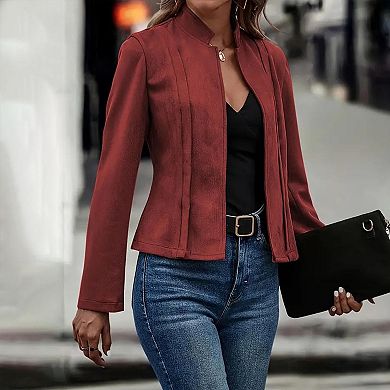 Women's Faux Suede Cropped Jacket Stand Collar Open Front Long Sleeve Casual Coat