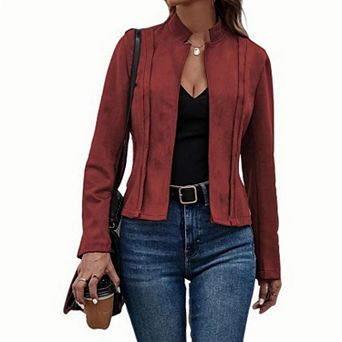 Women's Faux Suede Cropped Jacket Stand Collar Open Front Long Sleeve Casual Coat