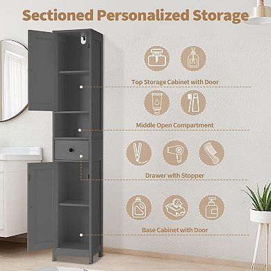 ANIXOL Tall Slim Bathroom Storage Cabinet with 2 Doors, Drawer and Open Shelf