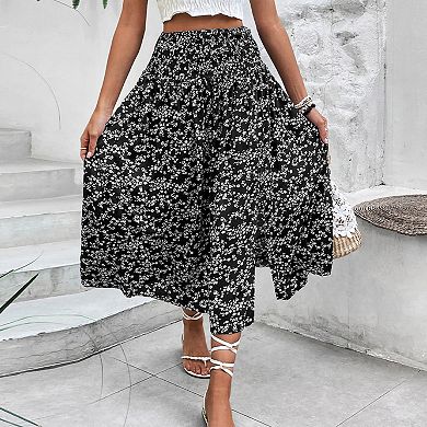 Women's High Waisted Floral Midi Skirt Side Slit Flowy Boho Summer Skirt