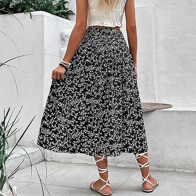 Women's High Waisted Floral Midi Skirt Side Slit Flowy Boho Summer Skirt