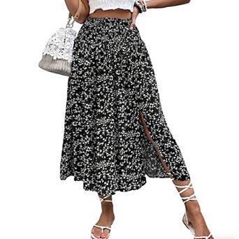 Women's High Waisted Floral Midi Skirt Side Slit Flowy Boho Summer Skirt