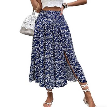 Women's High Waisted Floral Midi Skirt Side Slit Flowy Boho Summer Skirt