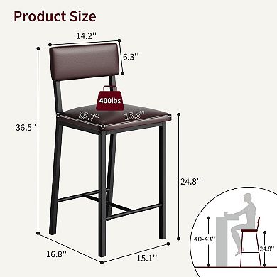 Bar Stools Set of 2 with Backrest and Footrest, Counter Height Bar Stools Set of 2