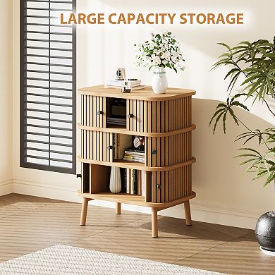 ANIXOL Mid-Century Modern 3-Drawer Dresser with Wicker Sliding Door