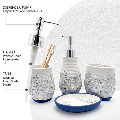 Coastal Seashell Bath Set 4pc Dispenser Holder Cup Dish