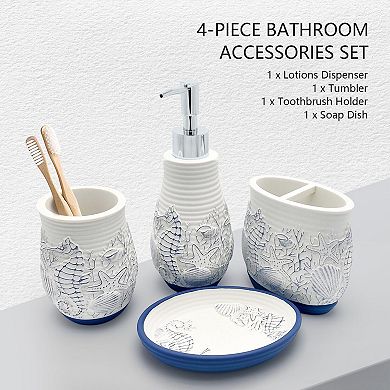 Coastal Seashell Bath Set 4pc Dispenser Holder Cup Dish