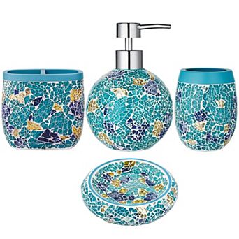 Coastal Seashell Bath Set 4 pc Dispenser Holder Cup Dish