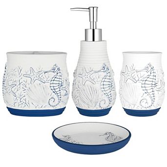 Coastal Seashell Bath Set 4 pc Dispenser Holder Cup Dish