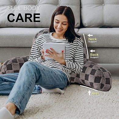 Checkered Reading Pillow Wedge Backrest with Arms for Sitting Up