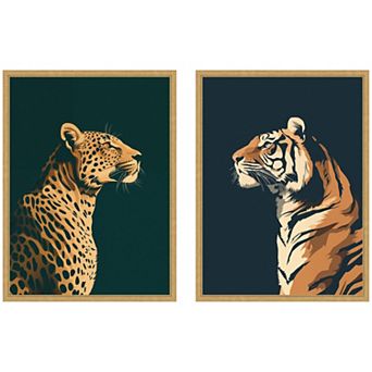 Gold Emerald Leopard Navy Tiger 2 pc Framed Canvas Wall Art Set by The Creative Bunch Studio