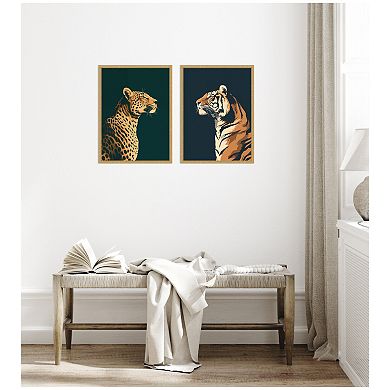 Gold Emerald Leopard Navy Tiger 2 Piece Framed Canvas Wall Art Set by The Creative Bunch Studio